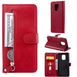 Retro Luxury Zipper Leather Phone Wallet Case for Xiaomi Redmi Note 9s / Note9 Pro / Note 9 Pro Max - Red