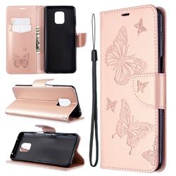 Embossing Double Butterfly Leather Wallet Case for Xiaomi Redmi Note 9s / Note9 Pro / Note 9 Pro Max - Rose Gold