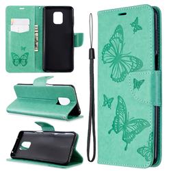 Embossing Double Butterfly Leather Wallet Case for Xiaomi Redmi Note 9s / Note9 Pro / Note 9 Pro Max - Green