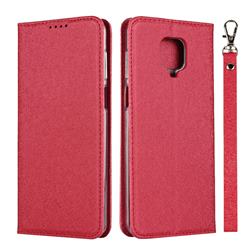 Ultra Slim Magnetic Automatic Suction Silk Lanyard Leather Flip Cover for Xiaomi Redmi Note 9s / Note9 Pro / Note 9 Pro Max - Red
