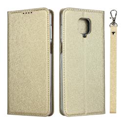 Ultra Slim Magnetic Automatic Suction Silk Lanyard Leather Flip Cover for Xiaomi Redmi Note 9s / Note9 Pro / Note 9 Pro Max - Golden