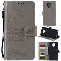 Embossing Owl Couple Flower Leather Wallet Case for Xiaomi Redmi Note 9s / Note9 Pro / Note 9 Pro Max - Gray