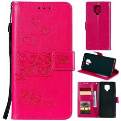 Embossing Owl Couple Flower Leather Wallet Case for Xiaomi Redmi Note 9s / Note9 Pro / Note 9 Pro Max - Red