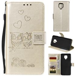 Embossing Owl Couple Flower Leather Wallet Case for Xiaomi Redmi Note 9s / Note9 Pro / Note 9 Pro Max - Golden