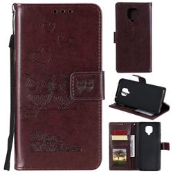 Embossing Owl Couple Flower Leather Wallet Case for Xiaomi Redmi Note 9s / Note9 Pro / Note 9 Pro Max - Brown