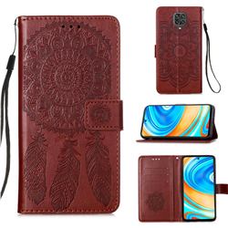 Embossing Dream Catcher Mandala Flower Leather Wallet Case for Xiaomi Redmi Note 9s / Note9 Pro / Note 9 Pro Max - Brown