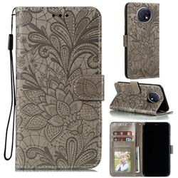 Intricate Embossing Lace Jasmine Flower Leather Wallet Case for Xiaomi Redmi Note 9T - Gray