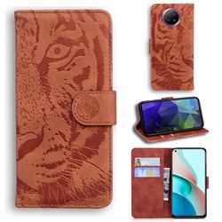 Intricate Embossing Tiger Face Leather Wallet Case for Xiaomi Redmi Note 9T - Brown