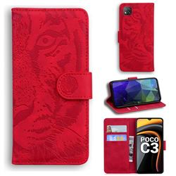 Intricate Embossing Tiger Face Leather Wallet Case for Mi Xiaomi Poco C3 - Red