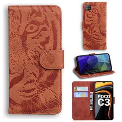 Intricate Embossing Tiger Face Leather Wallet Case for Mi Xiaomi Poco C3 - Brown