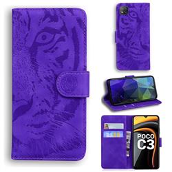 Intricate Embossing Tiger Face Leather Wallet Case for Mi Xiaomi Poco C3 - Purple