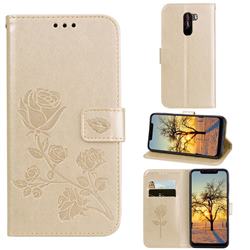 Embossing Rose Flower Leather Wallet Case for Mi Xiaomi Pocophone F1 - Golden