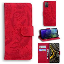 Intricate Embossing Tiger Face Leather Wallet Case for Mi Xiaomi Poco M3 - Red