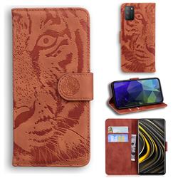 Intricate Embossing Tiger Face Leather Wallet Case for Mi Xiaomi Poco M3 - Brown