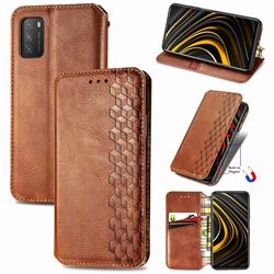Ultra Slim Fashion Business Card Magnetic Automatic Suction Leather Flip Cover for Mi Xiaomi Poco M3 - Brown