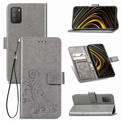 Embossing Imprint Four-Leaf Clover Leather Wallet Case for Mi Xiaomi Poco M3 - Grey