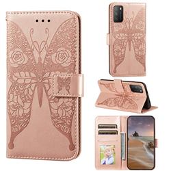 Intricate Embossing Rose Flower Butterfly Leather Wallet Case for Mi Xiaomi Poco M3 - Rose Gold