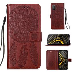 Embossing Dream Catcher Mandala Flower Leather Wallet Case for Mi Xiaomi Poco M3 - Brown