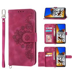 Skin Feel Embossed Lace Flower Multiple Card Slots Leather Wallet Phone Case for Mi Xiaomi Poco M4 Pro 4G - Claret Red