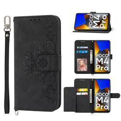 Skin Feel Embossed Lace Flower Multiple Card Slots Leather Wallet Phone Case for Mi Xiaomi Poco M4 Pro 4G - Black