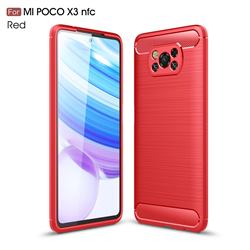 Luxury Carbon Fiber Brushed Wire Drawing Silicone TPU Back Cover for Mi Xiaomi Poco X3 NFC - Red