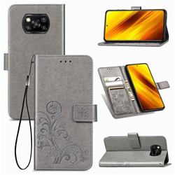 Embossing Imprint Four-Leaf Clover Leather Wallet Case for Mi Xiaomi Poco X3 NFC - Grey