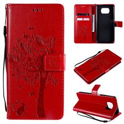 Embossing Butterfly Tree Leather Wallet Case for Mi Xiaomi Poco X3 NFC - Red
