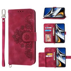 Skin Feel Embossed Lace Flower Multiple Card Slots Leather Wallet Phone Case for Mi Xiaomi Poco X4 Pro 5G - Claret Red