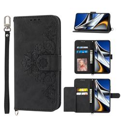 Skin Feel Embossed Lace Flower Multiple Card Slots Leather Wallet Phone Case for Mi Xiaomi Poco X4 Pro 5G - Black