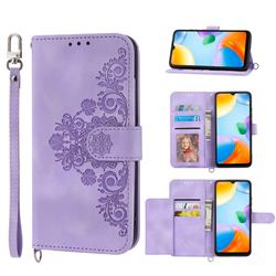 Skin Feel Embossed Lace Flower Multiple Card Slots Leather Wallet Phone Case for Xiaomi Redmi 10C - Purple