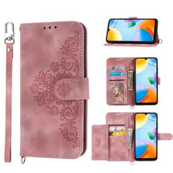Skin Feel Embossed Lace Flower Multiple Card Slots Leather Wallet Phone Case for Xiaomi Redmi 10C - Pink