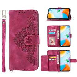 Skin Feel Embossed Lace Flower Multiple Card Slots Leather Wallet Phone Case for Xiaomi Redmi 10C - Claret Red