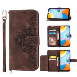 Skin Feel Embossed Lace Flower Multiple Card Slots Leather Wallet Phone Case for Xiaomi Redmi 10C - Brown