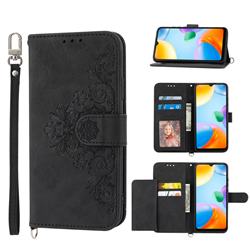 Skin Feel Embossed Lace Flower Multiple Card Slots Leather Wallet Phone Case for Xiaomi Redmi 10C - Black