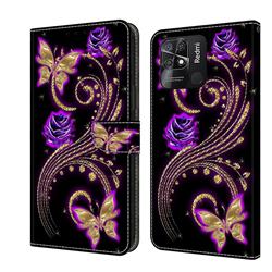 Purple Flower Butterfly Crystal PU Leather Protective Wallet Case Cover for Xiaomi Redmi 10C
