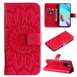 Embossing Sunflower Leather Wallet Case for Xiaomi Redmi 10 5G - Red