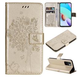 Embossing Butterfly Tree Leather Wallet Case for Xiaomi Redmi 10 5G - Champagne
