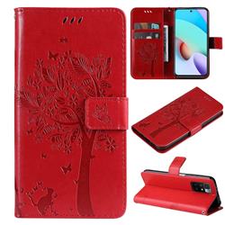 Embossing Butterfly Tree Leather Wallet Case for Xiaomi Redmi 10 5G - Red