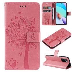 Embossing Butterfly Tree Leather Wallet Case for Xiaomi Redmi 10 5G - Pink