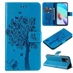 Embossing Butterfly Tree Leather Wallet Case for Xiaomi Redmi 10 5G - Blue