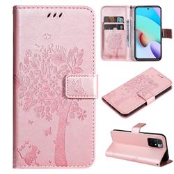 Embossing Butterfly Tree Leather Wallet Case for Xiaomi Redmi 10 5G - Rose Pink