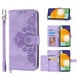 Skin Feel Embossed Lace Flower Multiple Card Slots Leather Wallet Phone Case for Xiaomi Redmi 10 5G - Purple