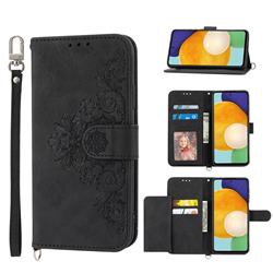 Skin Feel Embossed Lace Flower Multiple Card Slots Leather Wallet Phone Case for Xiaomi Redmi 10 5G - Black