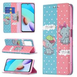 Elephant Boy and Girl Slim Magnetic Attraction Wallet Flip Cover for Xiaomi Redmi 10 4G
