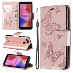 Embossing Double Butterfly Leather Wallet Case for Mi Xiaomi Redmi 6 - Rose Gold