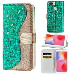 Glitter Diamond Buckle Laser Stitching Leather Wallet Phone Case for Mi Xiaomi Redmi 6 - Green
