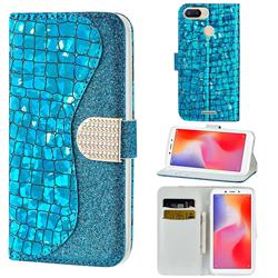 Glitter Diamond Buckle Laser Stitching Leather Wallet Phone Case for Mi Xiaomi Redmi 6 - Blue
