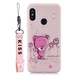 Pink Flower Bear Soft Kiss Candy Hand Strap Silicone Case for Xiaomi Mi A2 Lite (Redmi 6 Pro)