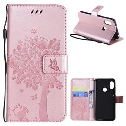 Embossing Butterfly Tree Leather Wallet Case for Xiaomi Mi A2 Lite (Redmi 6 Pro) - Rose Pink