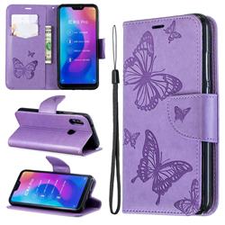 Embossing Double Butterfly Leather Wallet Case for Xiaomi Mi A2 Lite (Redmi 6 Pro) - Purple